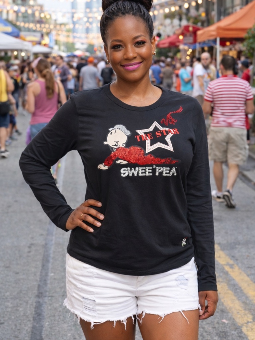 Monella Vegabonda Sweet Pea Black Long Sleeve Tee with Red and White Graphic MED - Picture 3 of 12